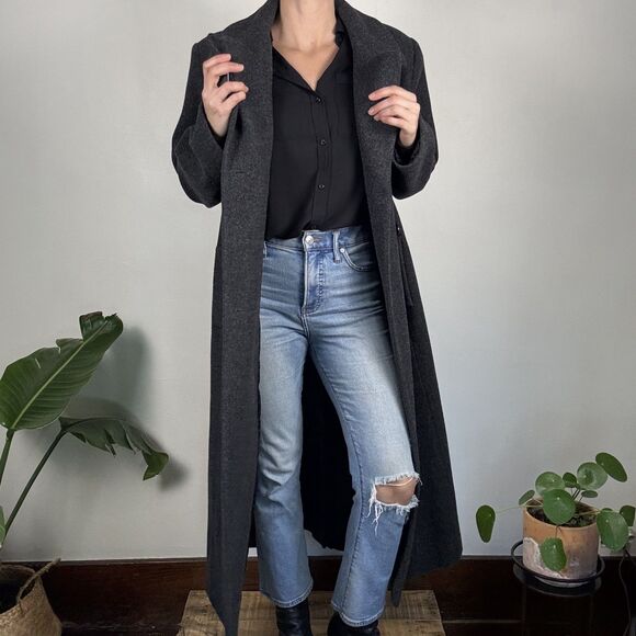 Vintage 80s Adolfo Studio Charcoal Wool Double-Breasted Winter Trench Overcoat - Picture 2 of 13